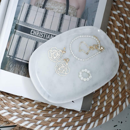Marble Vanity Tray, Decorative Oval Storage Organizer for Mini Bathroom Kitchen Dresser Jewelry Dish, Counter or Desk