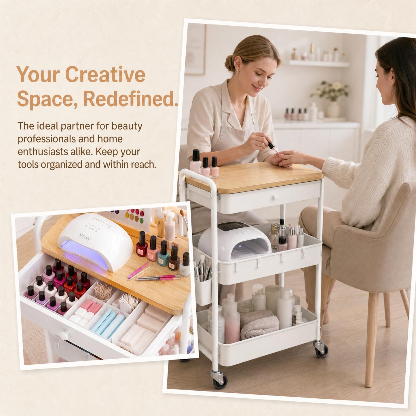 3 Tier Metal Rolling Cart with Drawers, Makeup Organizer Cart with Wheels for Skin Care/Lash/Hair Product/Perfume, Esthetician Pedicure Carts for Nail Techs, Vanity, Bathroom,Craft Storage Carts,White