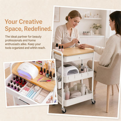 3 Tier Metal Rolling Cart with Drawers, Makeup Organizer Cart with Wheels for Skin Care/Lash/Hair Product/Perfume, Esthetician Pedicure Carts for Nail Techs, Vanity, Bathroom,Craft Storage Carts,White