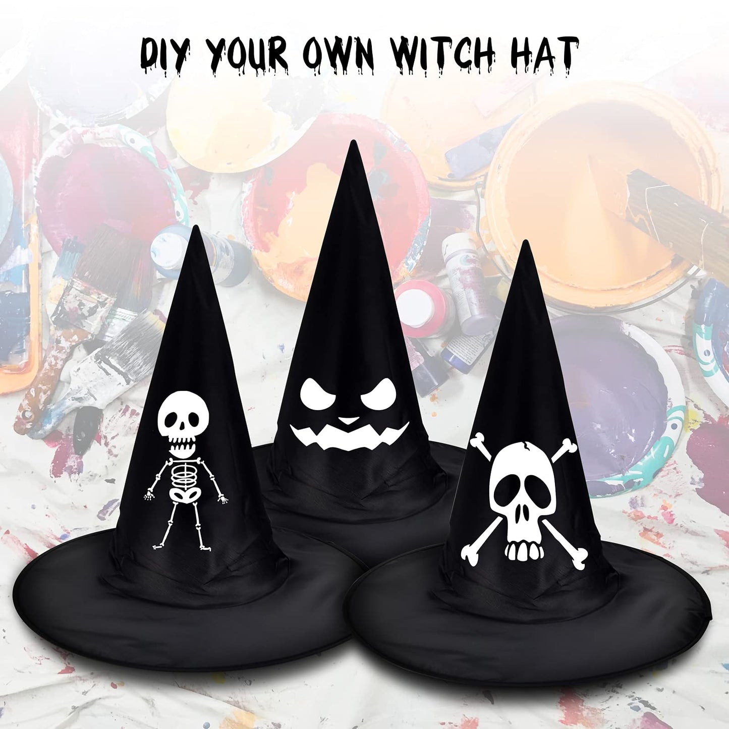 LINAYE Halloween Witches Hat XL Kit - 8 PCS Black Witch Hats with Hanging Rope,16 PCS 3D Bat,Spider Web,Creepy Cloth Halloween Hanging Decoration Decor Wizard Hats