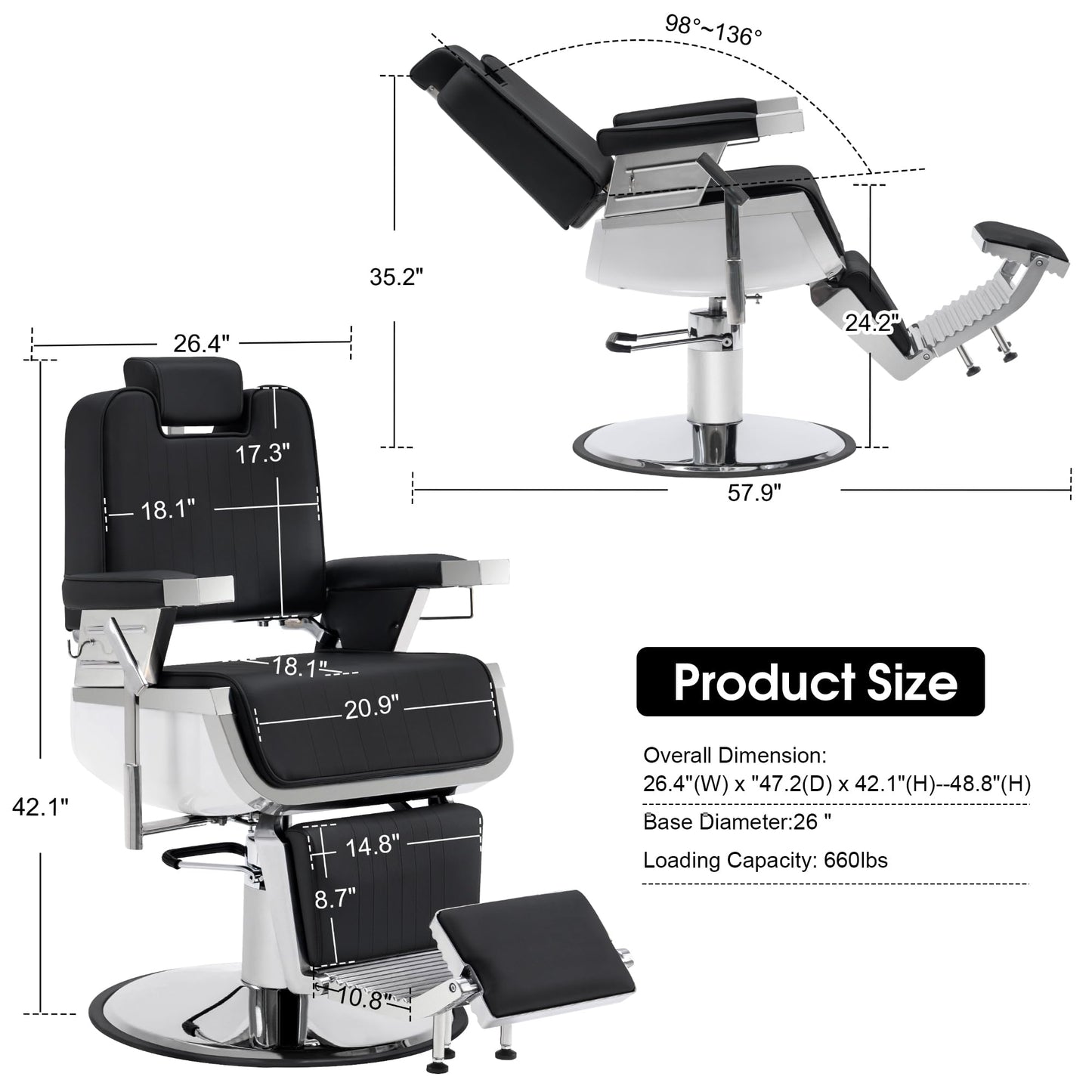 BarberPub Heavy Duty Barber Chair, Hydraulic Reclining Salon Chairs for Hair Stylist, PVC Leather, Barbershop, Adult 3819 (Black&White)