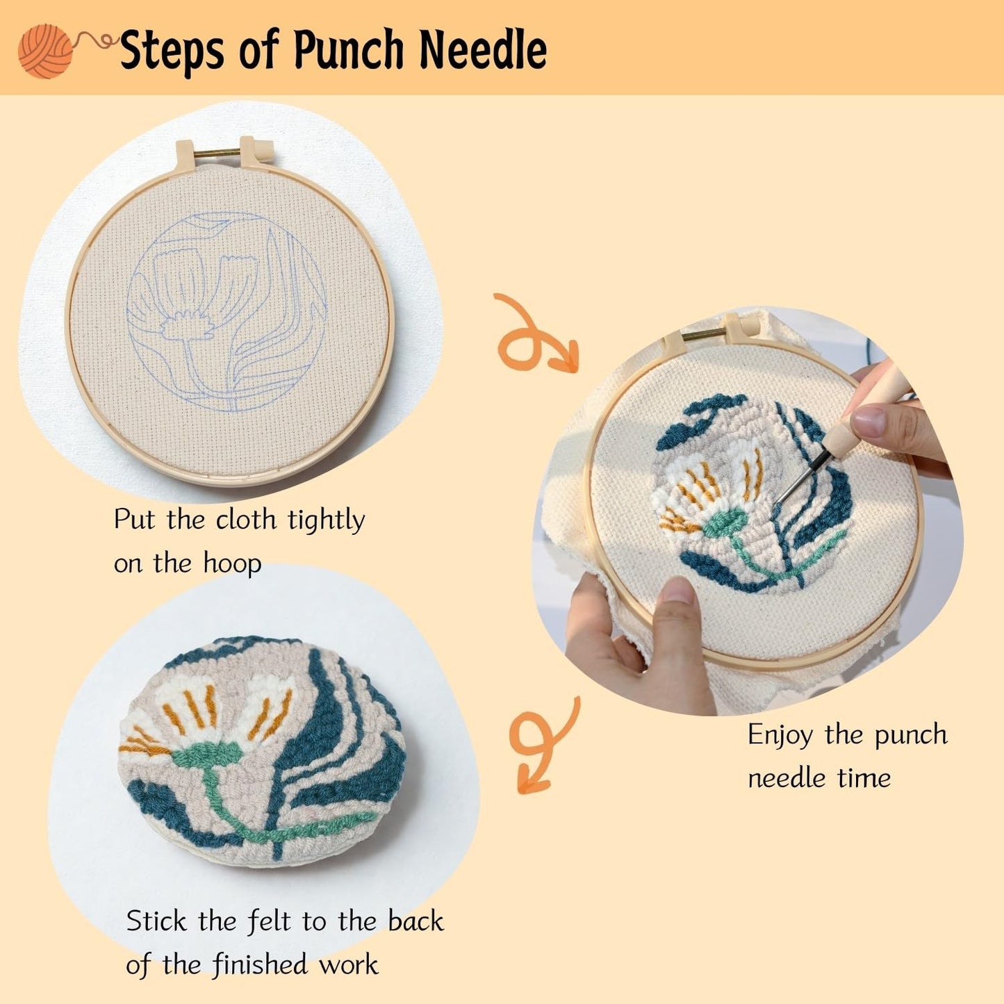 Mooncci Punch Needle Coaster Kit, 6pcs Flower Pattern Needle Punch Kits with Tools and Instructions for Adults Beginners, Great Festival Gift and Decoration Ideas