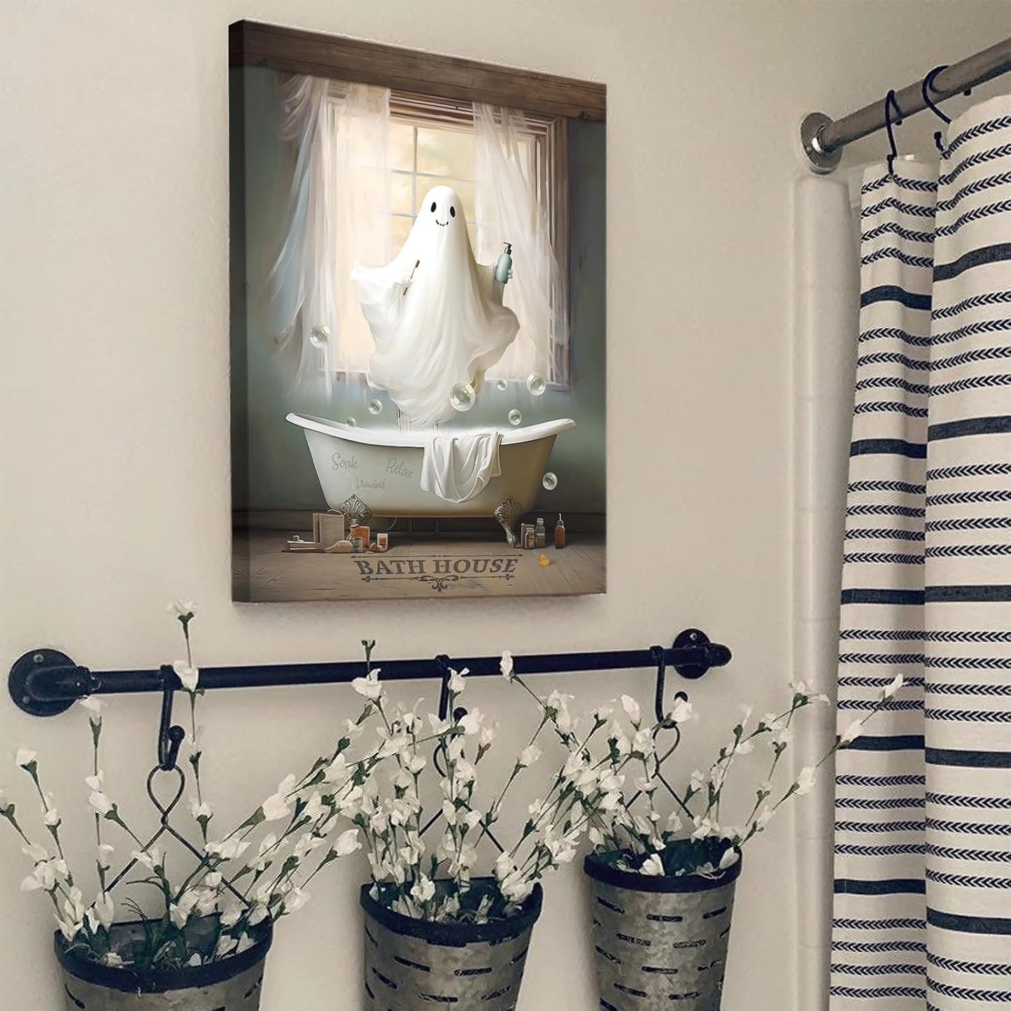 Funny Ghost Bathroom Canvas Wall Art - White Ghost Picture for Farmhouse Bathroom Decor, Framed 12"x16"