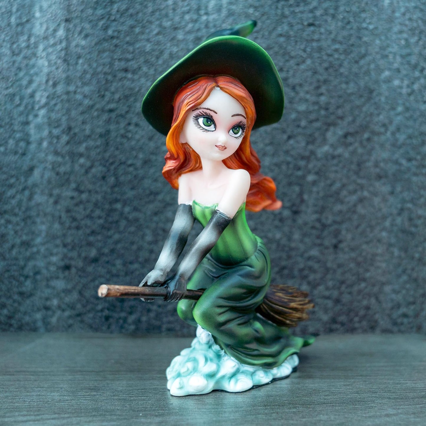 Enchanted Green Witch Resin Statue - Riding Broom Flying Style Figurine, Whimsical Gothic Witchcraft Decor, Fantasy Collectible for Halloween, Christmas & Home Office, Unique Wiccan Altar Accent Gift