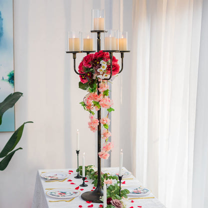 Sziqiqi Black Floor Candelabra Centerpiece 5-arm 48inch Tall Candle Holders for Candlesitcks Taper Pillar Candles Metal Floral Centerpieces Stand Halloween Wedding Party Event Decoration