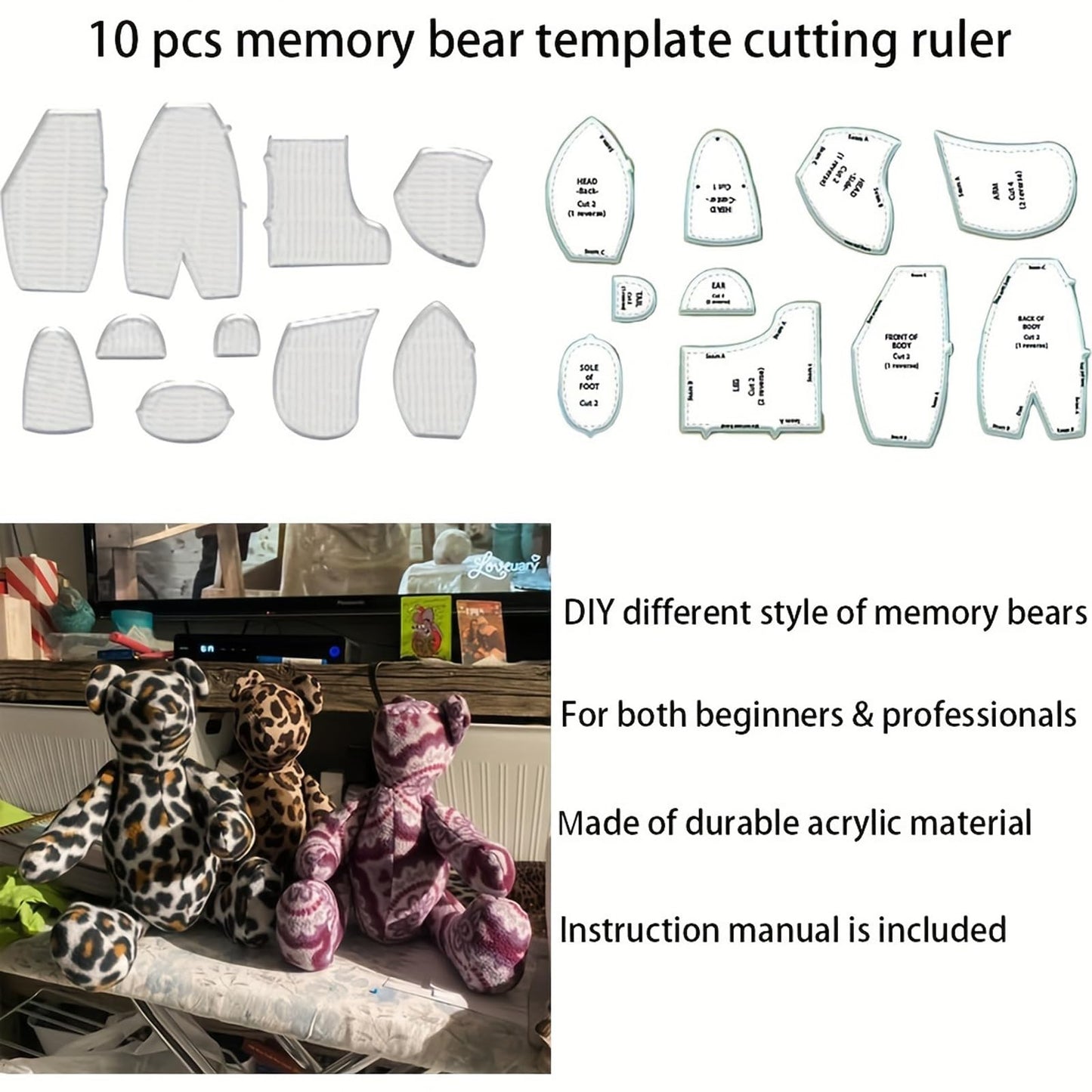 YICBOR Memory Bear Sewing Templates Set, 10Pcs Durable Acrylic Teddy Bear Sewing Patterns & Templates with Detailed Instructions for Sewing (Medium)