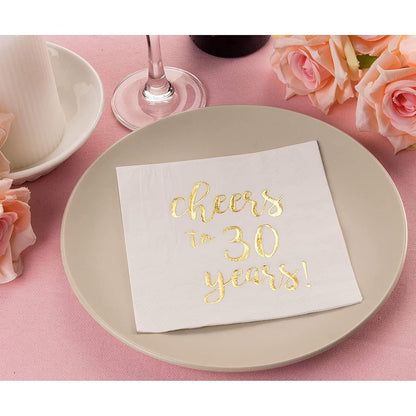 Juvale Cheers to 30 Years Cocktail Napkins, 5 x 5 In, 3-Ply White & Gold Foil, 50 Pack