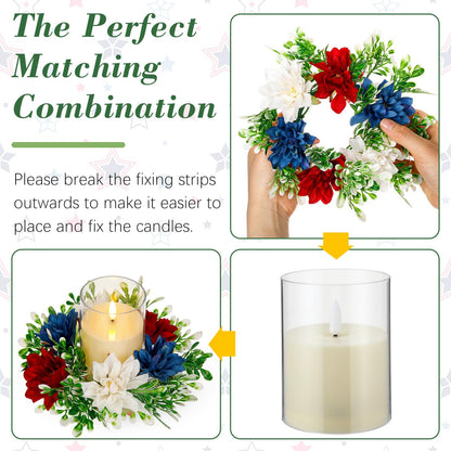 Yunlly 4 Pcs Artificial Dahlia Candle Rings Wreaths, Patriotic Red White and Blue Floral Rings Holders with LED Flameless Candles for 4th of July Independence Day Memorial Day Table Centerpiece
