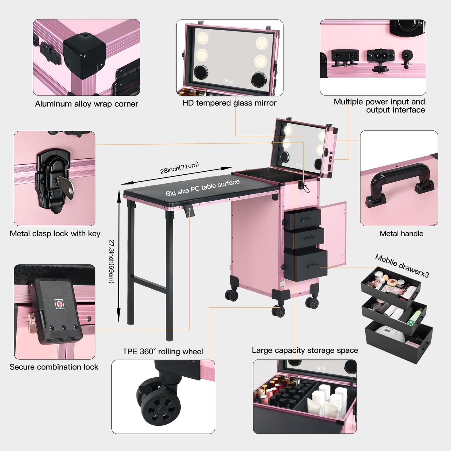 Rolling Portable Manicure Table with 3 Drawers, Lockable Makeup Train Case with Mirror, Foldable Nail Desk with Wheels & Handle, Mesa de Uñas Profesional para Nail Techs & Salon Use, Pink