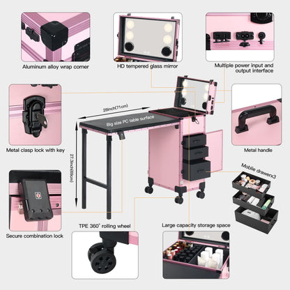 Rolling Portable Manicure Table with 3 Drawers, Lockable Makeup Train Case with Mirror, Foldable Nail Desk with Wheels & Handle, Mesa de Uñas Profesional para Nail Techs & Salon Use, Pink