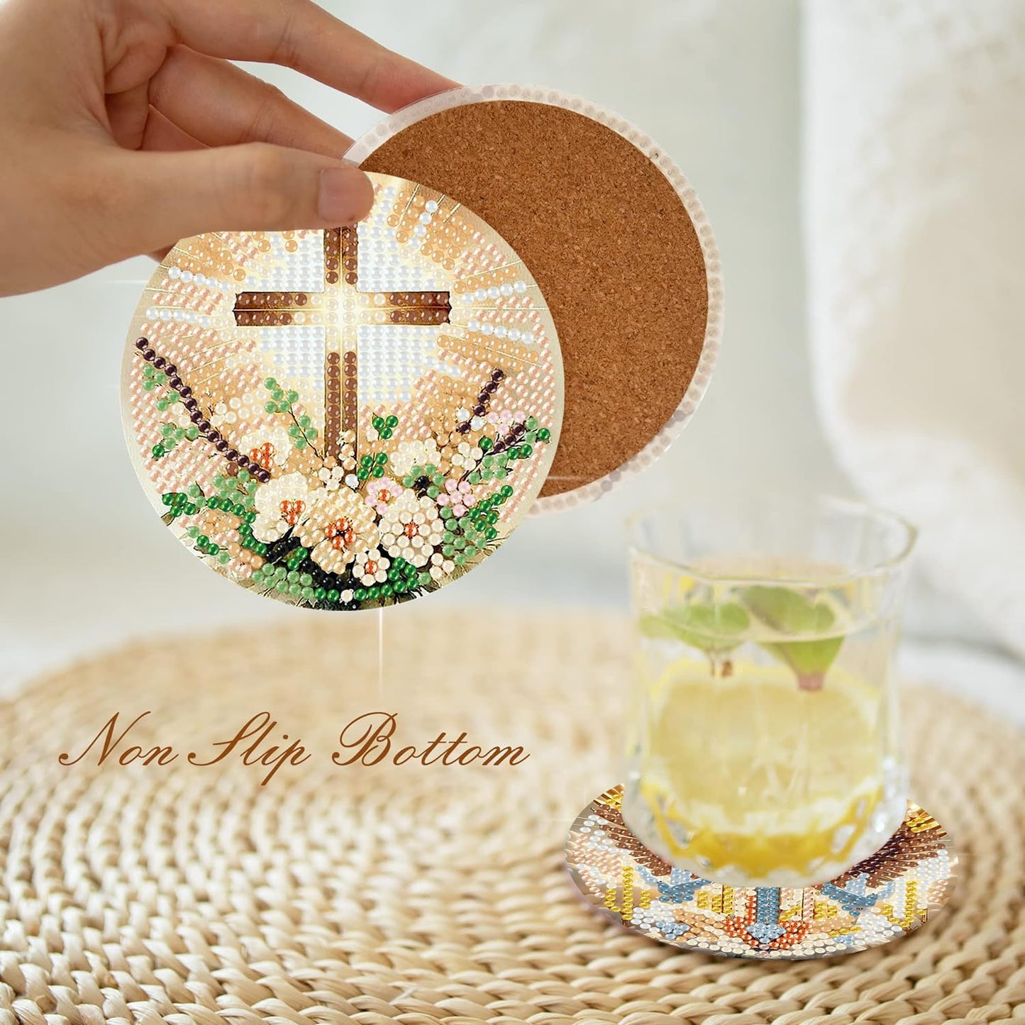 igoodom 8 Pcs Cross Diamond Art Coasters Kit with Holder, DIY Cross Diamond Painting Coasters for Beginners Adults, Non Slip Diamond Art Kits Craft Supplies 4x4inch