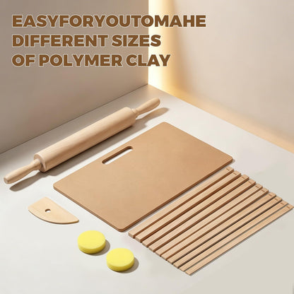 15 Pcs Wooden Pottery Tools Set – Clay Rolling Pin with Thickness Guides, Clay Wedging Board with Handle, Wooden Pottery Rib & Sponges – Ceramic & Polymer Clay Sculpting Kit