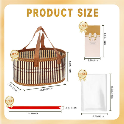 Mapaim 4 Set Bamboo Gift Baskets Empty, Foldable Woven Storage Basket with Handle, Gift Basket Kit with Wrap, Bows & Cards, Empty Gift Baskets to Fill for Baby Shower, Wedding, Holiday Gifts (Oval)