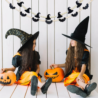 2Pcs Halloween Decoration Garland, Black Bat with Skeleton and Witch Hat Felt Banner White Wood Beads Banner for Halloween Haunted Houses Decor Wall Fireplace Mantle Shelf Rustic Beads, 69"