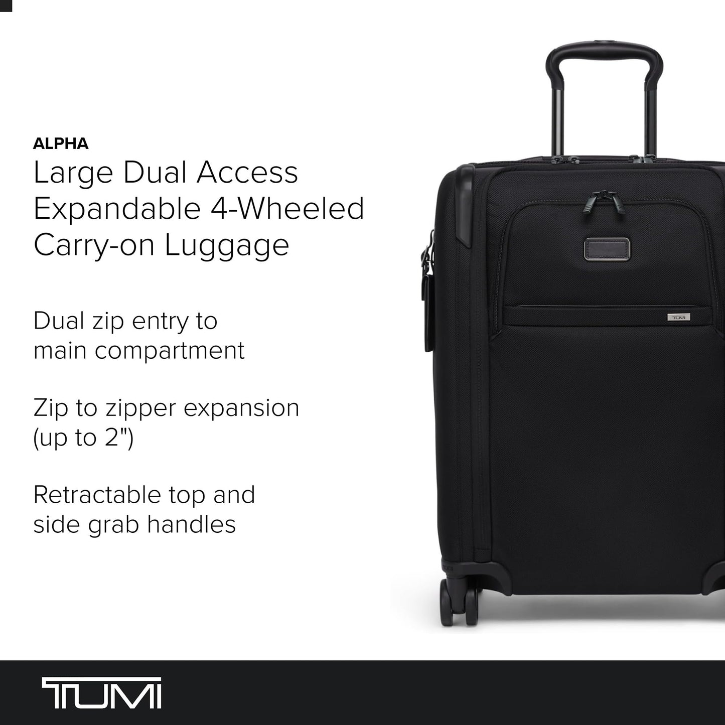 TUMI - Alpha Large Dual Access Expandable 4-Wheeled Carry-On Luggage - Zipper Expansion - Durable and Lightweight Travel Suitcase - TSA Lock Tracer - Black