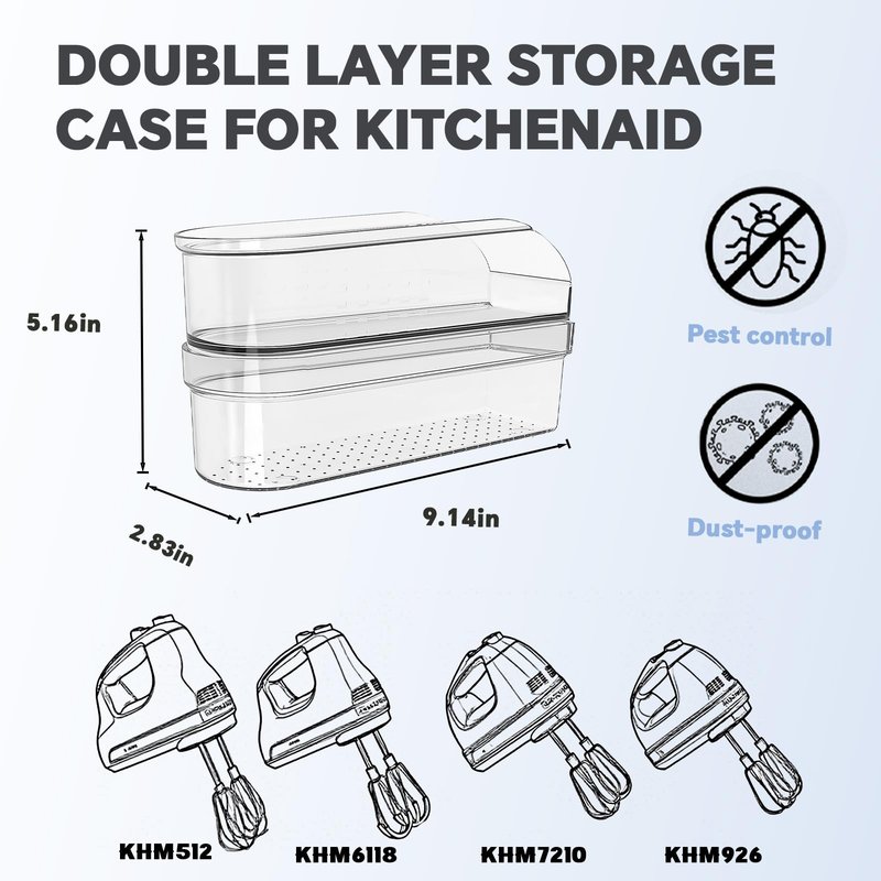 Hand Mixer Storage Case for KitchenAid KHM5/KHM6/KHM7/KHM9 Series Ultra Power Speed Hand Mixers, Double layer Crylic Transparent Storage Box (Hand Mixer Not Included) (Storage Case)