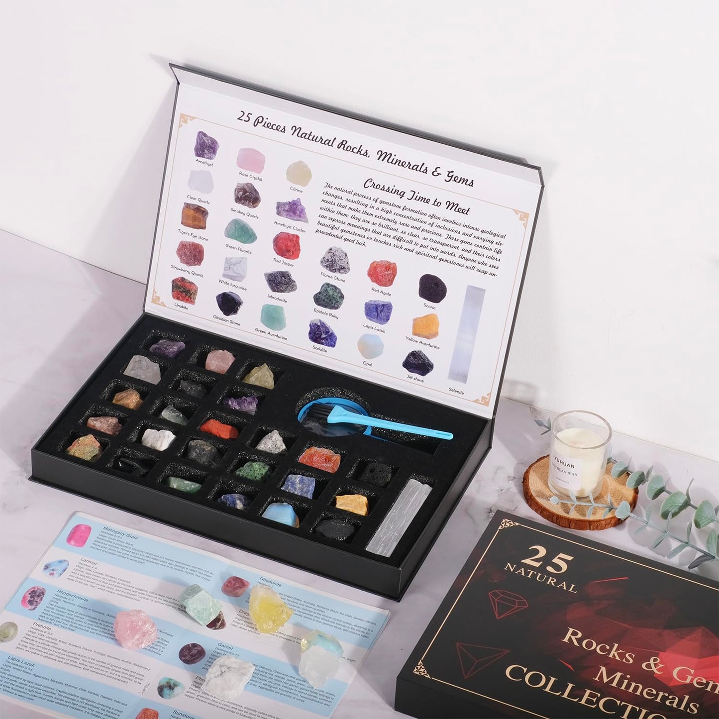 HEMYLU Rock Collection for Kids, 25PCS Crystal Gem Mineral Collection Set Box Gift for Boys and Girls, Natural Gemstone with Learning Guide Education Set