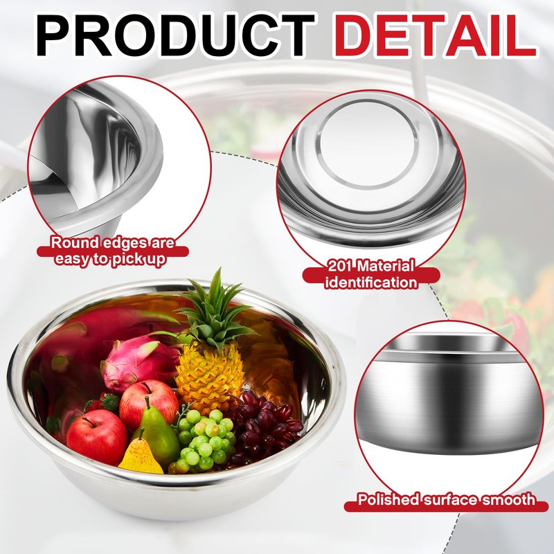 Domensi Set of 3 Extra Large Stainless Steel Mixing Bowls Large Mixing Container Easy to Clean, Nesting Bowls for Space Saving Storage for Cooking, Baking(201 Stainless Steel,13, 16, 20 Quart)