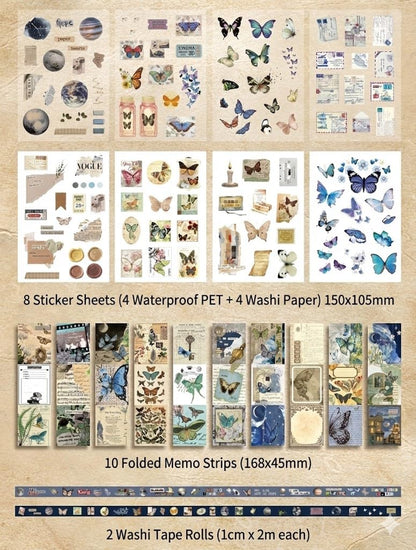 Vintage Scrapbook Journal Gift Set – Butterfly Garden Aesthetic Junk Journal Kit, 125 PCS Ephemera Pack with A6 Notebook, Stickers, Papers, Washi, Envelopes & Cards for DIY Art, Collage, Craft & Journaling (Butterfly)