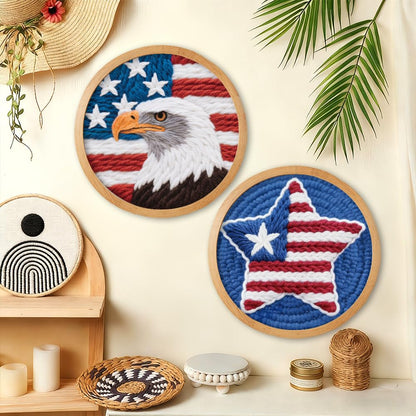 BEUNITONE 2Pcs Punch Needle Kit for Beginners, American Flag Starter Embroidery Kits with Frame & Instructions, Needle Felting Kit Poke Art for Adults DIY Craft for Coasters, Bags, Clothes Decor
