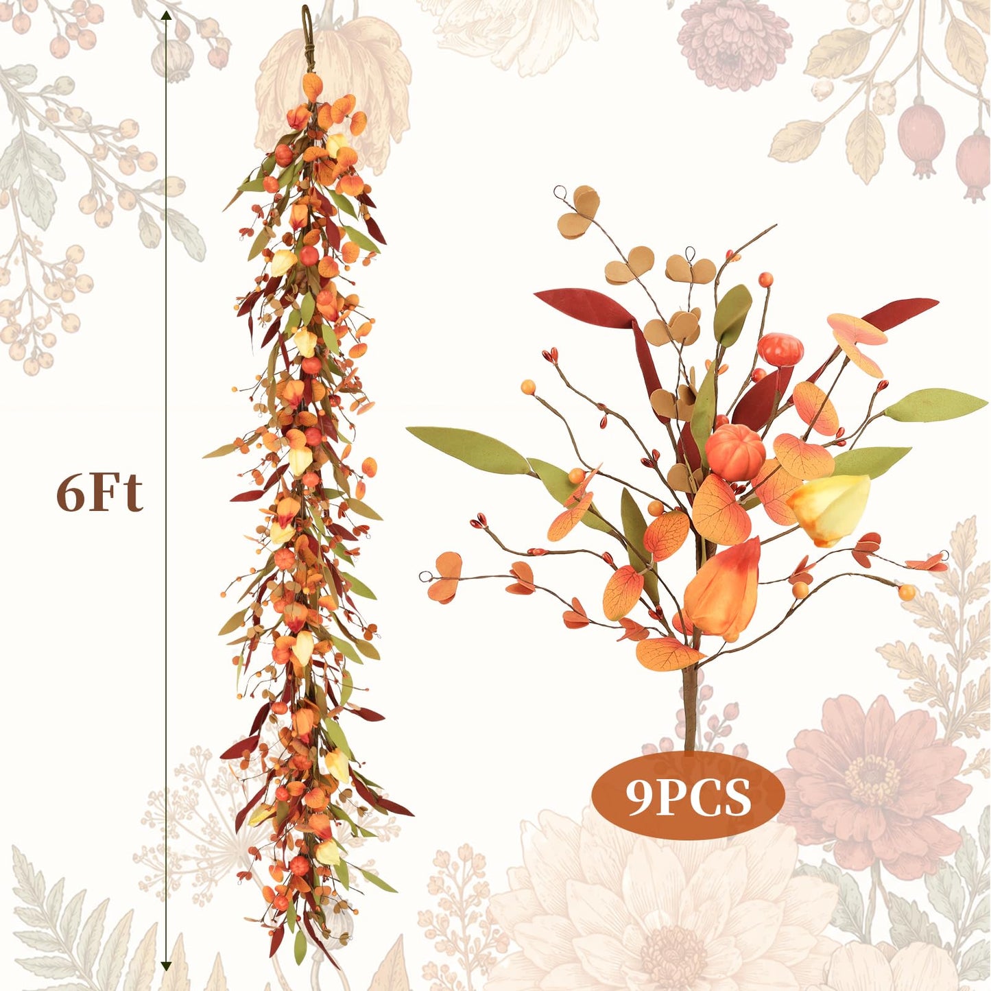 Fall Decor, Fall Garland, 6FT Autumn Eucalyptus Leaves Pumpkin Harvest Festival Thanksgiving Christmas Hanging Garlands for Home Wedding Mantle Indoor Window Wall Arch Background Decoration