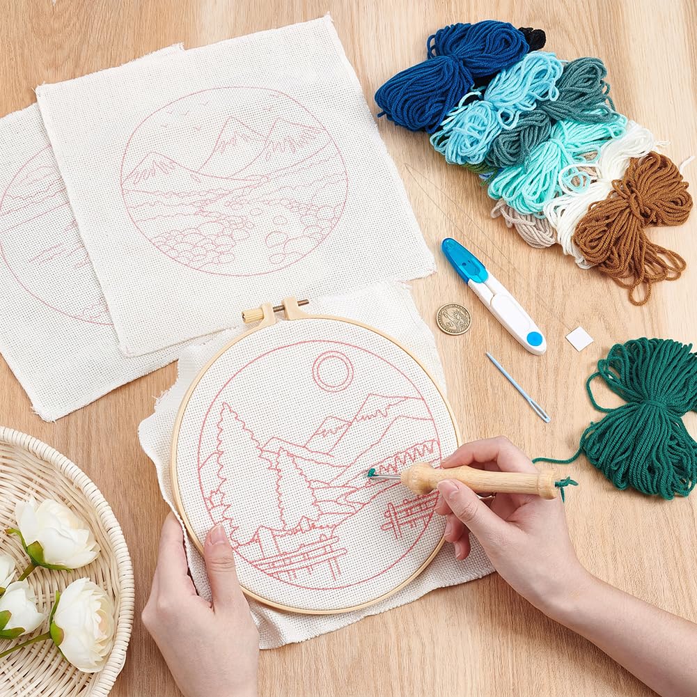 BEUNITONE 3PCS Landscape Punch Needle Kit for Adults Beginners, Complete Craft Kit Needlepoint Kits for Adults with Hoop, Punch Needle Starter Craft Set for Cloth Festival Gift and Home Decor 20X20CM
