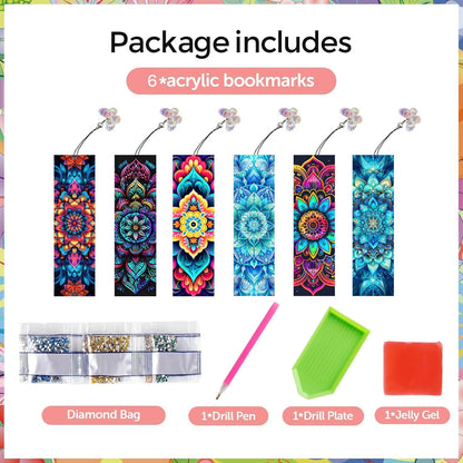 Puraikcmi 6 PCS 5D DIY Diamond Art Bookmarks,Mandala Diamond Painting Bookmarks Kits with Tassels Acrylic, Rhinestone Crafts Decoration Gift Set for Book Lovers Beginners & Adults