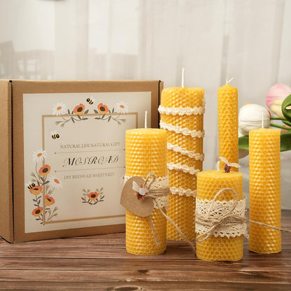 MOSROAD Beeswax Sheets for Candle Making, 30Pcs DIY Beeswax Candles Rolling Kit for Kids & Adults, Natural Honeycomb Sheets (8 x 8 Inch) with Cotton Wick, Bee Ornaments, Lace Ribbon and Hemp Rope