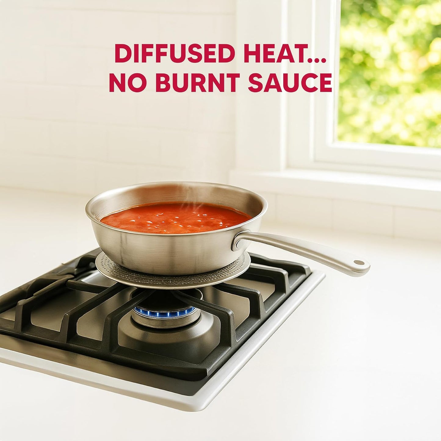 HIC Kitchen Heat Diffuser Reducer Flame Guard, Stainless Steel, Removable Handle