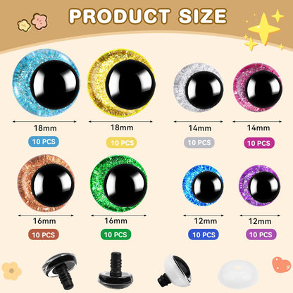 160PCS Large Safety Eyes for Amigurumi 3D Glitter Crochet Doll with Washers for DIY Puppets Bear Crafts Animals Amigurumi Making Supplies(12-18mm)