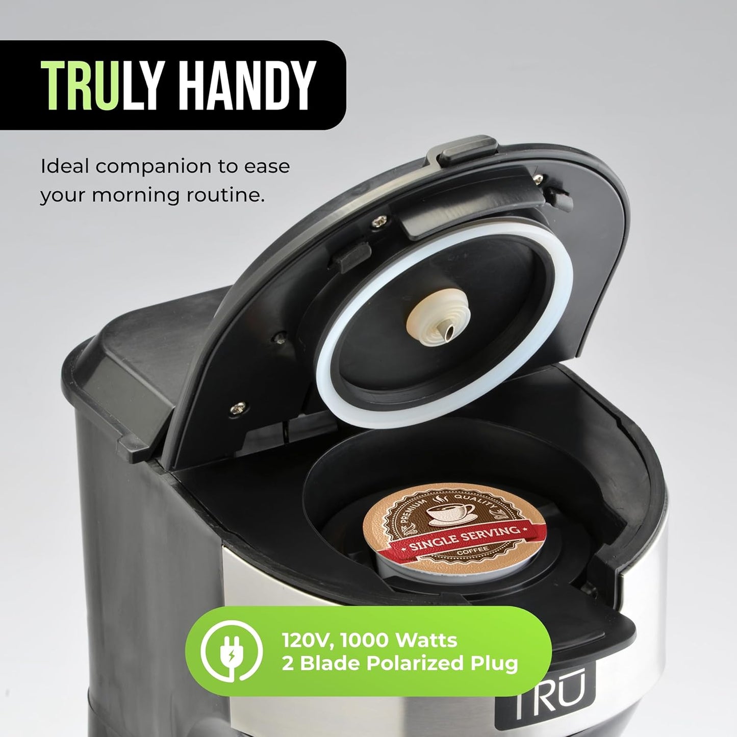 Tru Single Serve Dual Brew Coffee Maker - Premium Brewer for Coffee Capsules or Grounds - Features Self-Cleaning