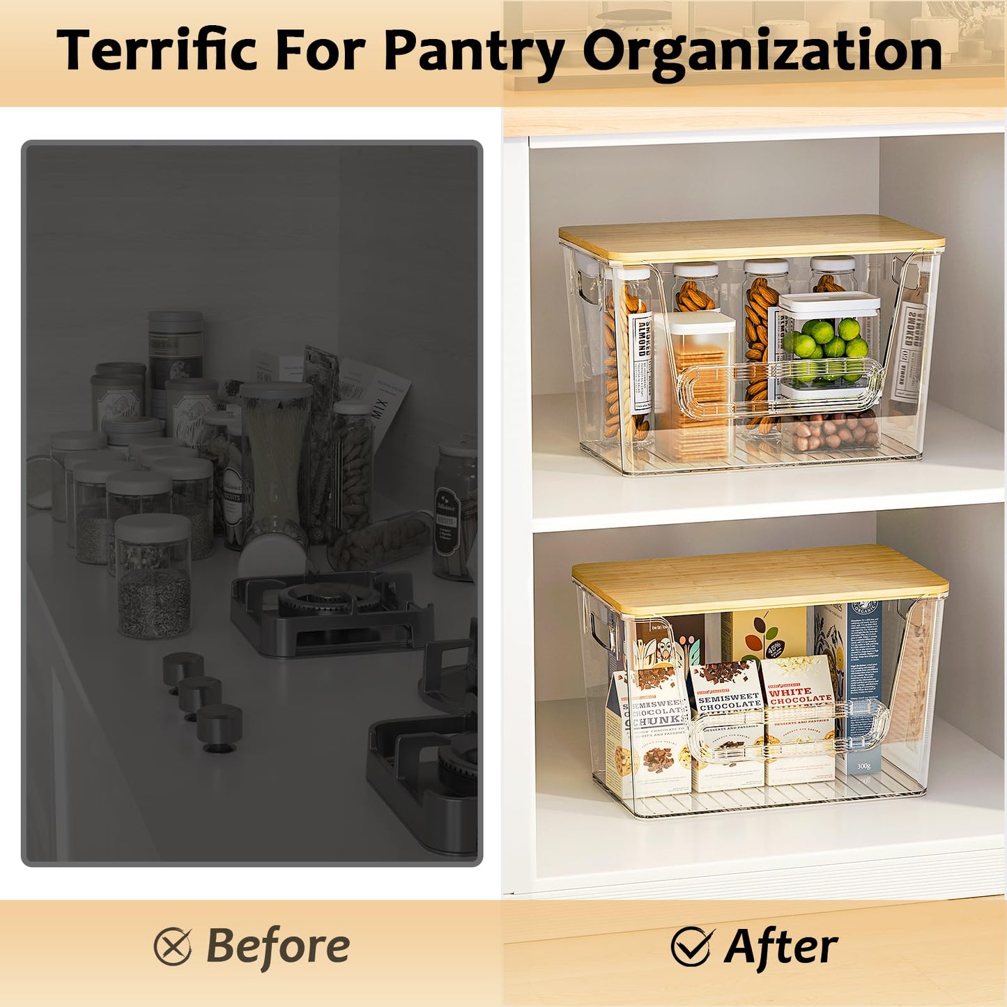Delamu 2 Set Pantry Organizers and Storage, Trash Bag Holder Under Sink Organizer for 4-13 Gal Bags, Trash Bag Dispenser with Bamboo Top for Onion, Potato, Garlic, Clear (11-7/32"L*7" W*7-1/8"H)