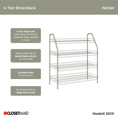 ClosetMaid 4-Tier 12 Closet, Wire Shoe Rack Organizer, Nickel Finish, Easy to Assemble, Holds Pairs, for Bedroom
