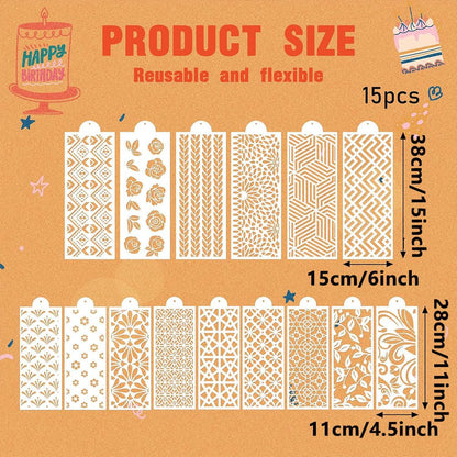 15 Pcs Cookie Stencils for Baking - Royal Icing & Buttercream Decorating Templates, Flower Roses & Folk Brick Designs for Cake Cookie Decoration