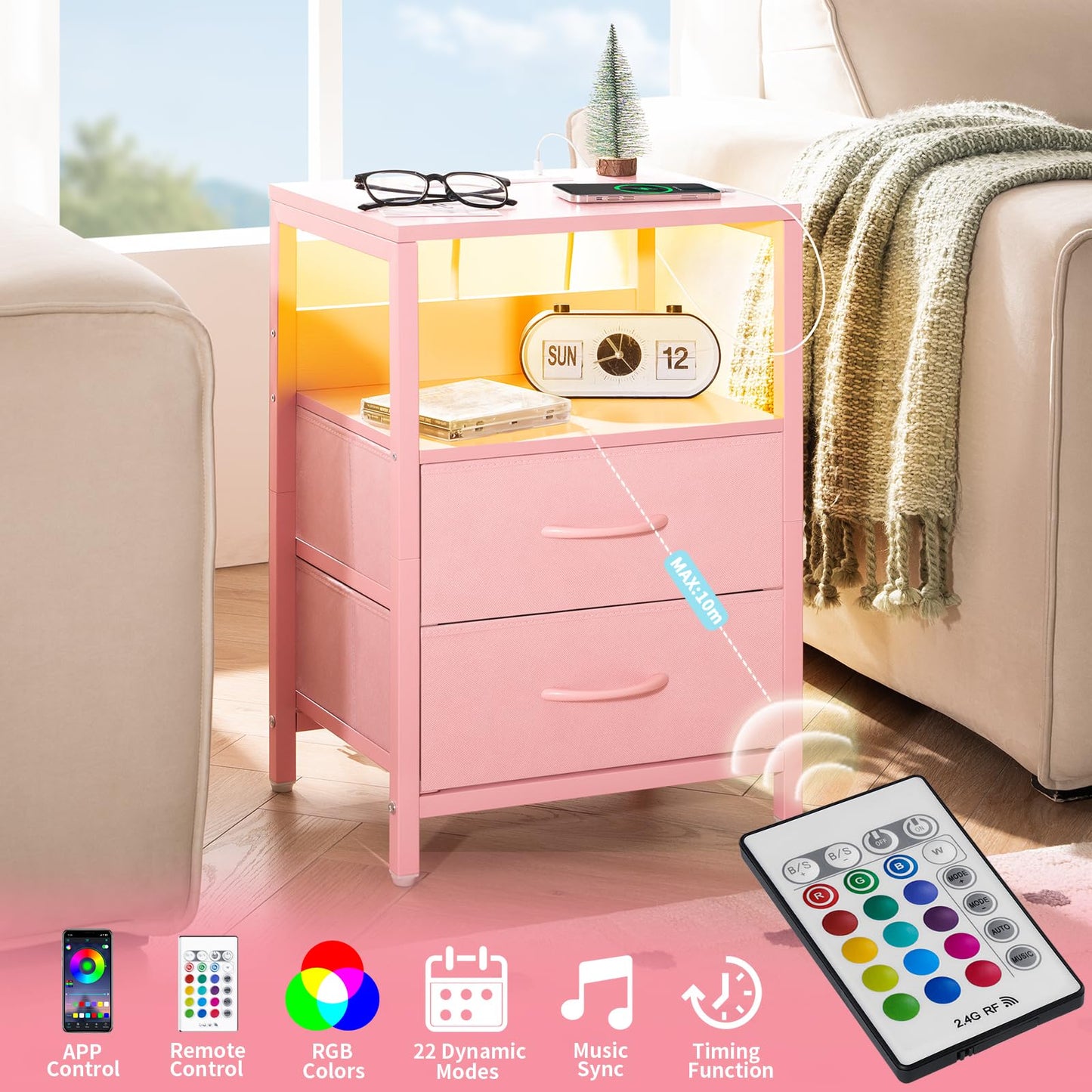 Yoobure Nightstand with Charging Station, LED Night Stand with Fabric Drawers and Storage Shelf for Bedroom, Nightstands Bedside Tables with USB Ports & Outlets, Small Night Stands, Bed Side Table