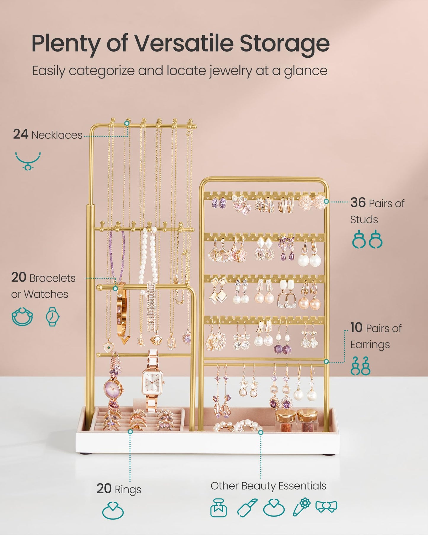 SONGMICS Jewelry Holder, Jewelry Storage Organizer Stand with Metal Frame, Velvet Tray, 12.1 to 18.7 Inches Tall Height Adjustable Necklace Holder, for Rings, Earrings, Pale Gold UJJS026A01