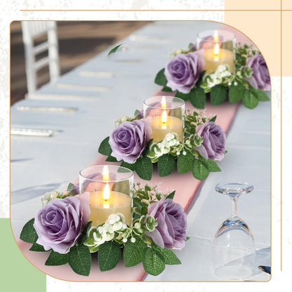 Yunlly 32 Pcs Rose Candle Rings with Flameless Candles Sets, Artificial Flower Eucalyptus Wedding Centerpiece 3 Inch Pillar Candleholders Wreaths for Wedding Party Mother's Day (Purple)