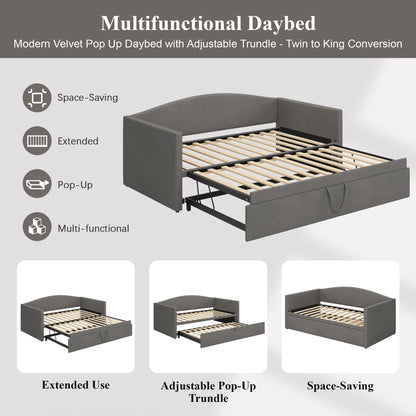 Merax Twin Size Velvet Daybed with Extended Pop Up Trundle, Upholstered Sofa Bed Daybed, Space-Saving Twin to King Design for Guest Room, Gray