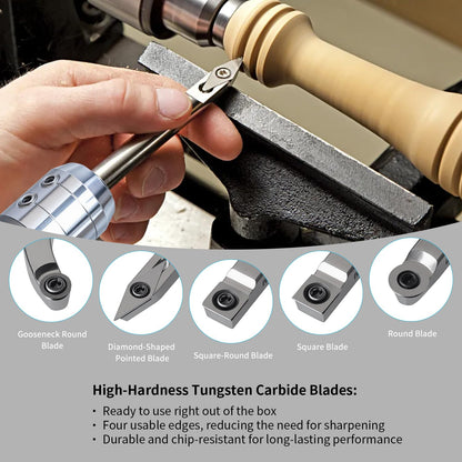 RUITOOL Carbide Wood Lathe Turning Tools Set with Bowl Sander, Including Swan Neck Hollower, Rougher, Finisher, Detailer, 1" & 2" Mandrels, Sandpapers and Aluminum Alloy Handles for Woodturning