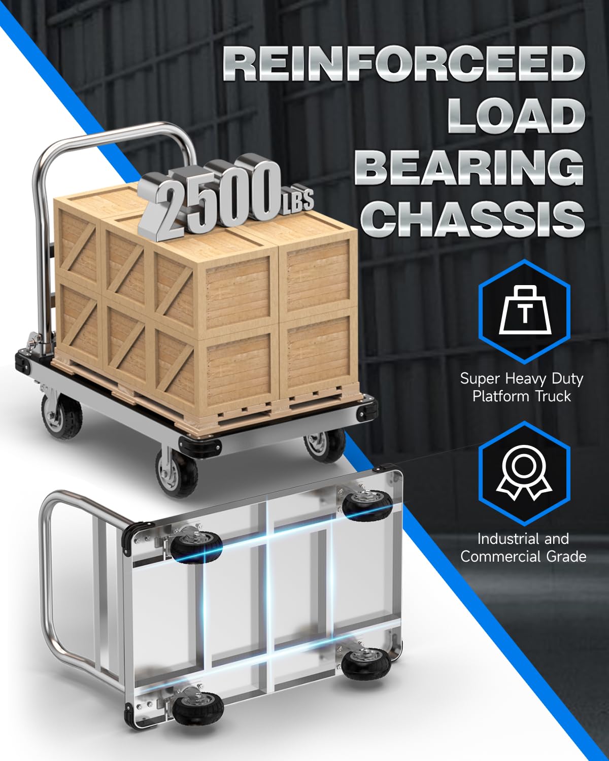 PHEXOD 2500 LBS Heavy Duty Platform Truck Cart 48" x 24", Extra Long Folding Flatbed Push Cart Dolly with Non-Slip Rubber Mat and 6" TPR Wheels for Warehouse Garage Moving Industrial Use