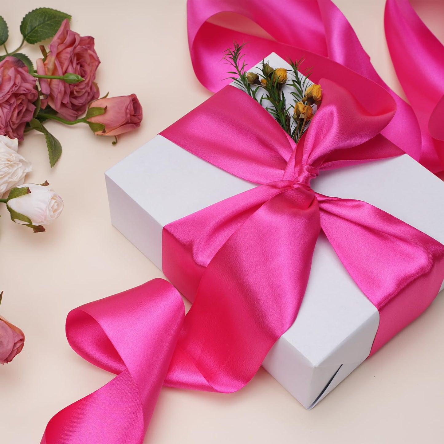 LaRibbons Hot Pink Satin Ribbon 4 Inch x 10 Yards Continuous Hot Pink Ribbon for Chair Sashes, Garland, Gift Wrapping, Christmas Decor, Craft Project