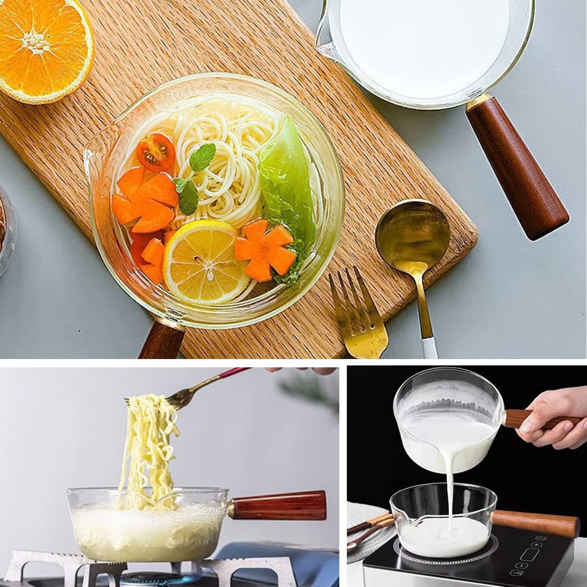 DOERDO Clear Glass Pot, Milk Pan with Wooden Handle, Breakfast Cooking Pot for Home Kitchen