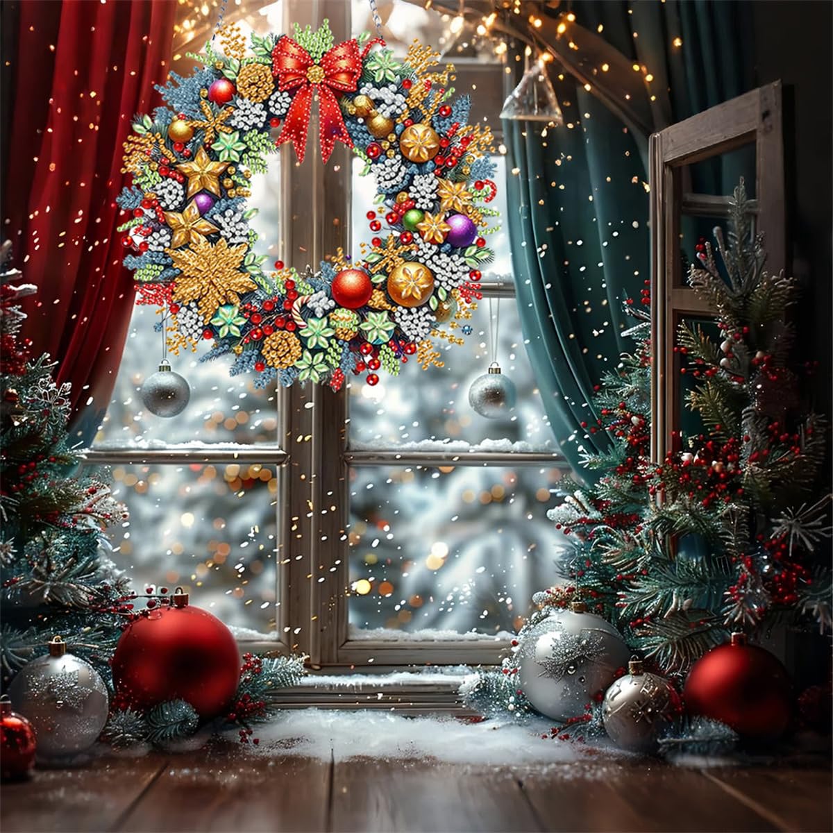 Morudeor Christmas Hanging Diamond Art Kits for Adults, DIY Winter Holiday Xmas Special Shape Rhinestone Gem Craft, Christmas Wreath Acrylic Diamond Hanging Pendant Ornament Kits for Home Decor