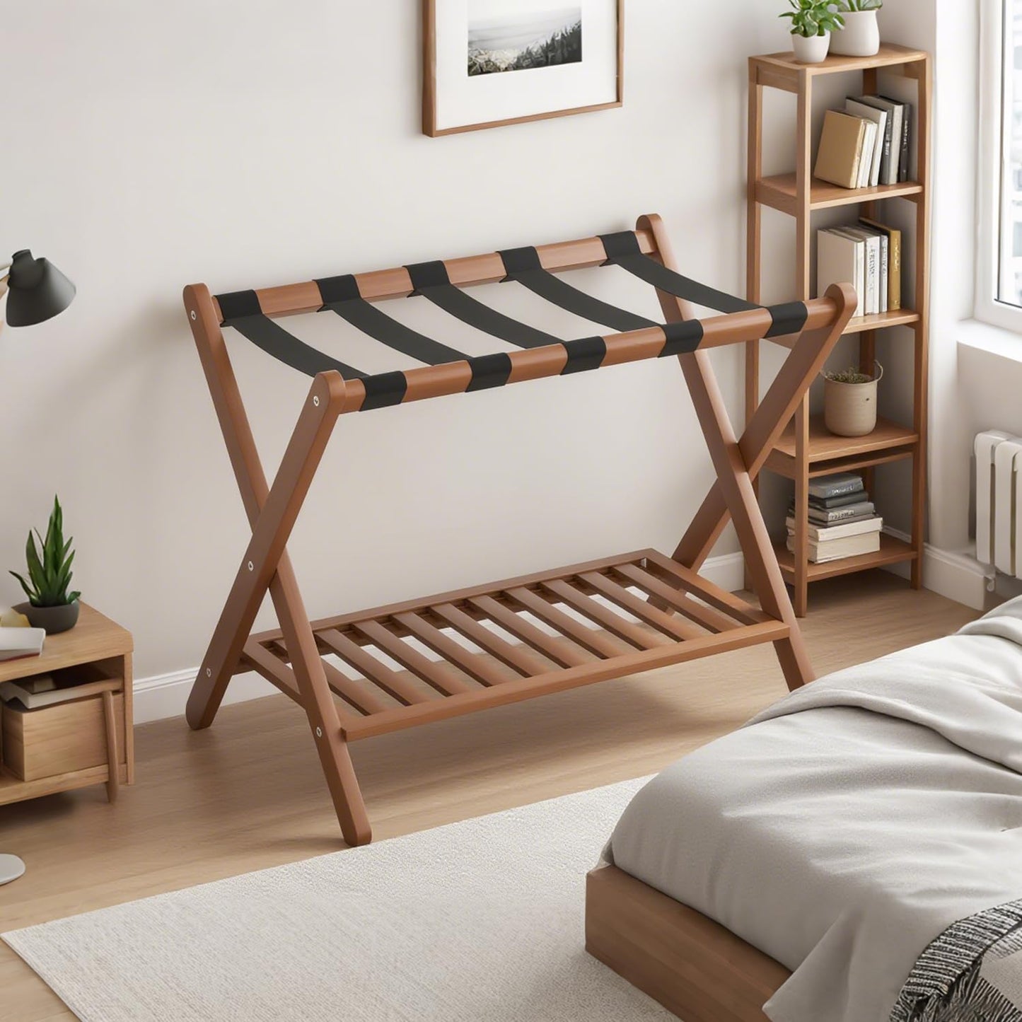 GAOHAPY Bamboo Luggage Rack with Shoe Shelf Folding Suitcase Stand with 5 Heavy-Duty Straps for Guest Room Living Room Hotel Ideal Luggage Holder for Suitcases Bags Shoes,Walnut Brown