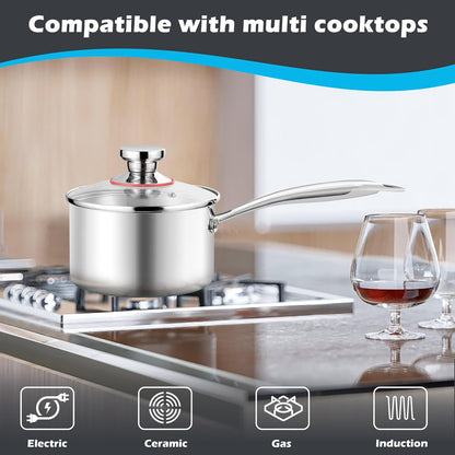 E-far 2-Quart Tri-Ply Saucepan, Stainless Steel with Glass Lid, Non Toxic, Oven & Dishwasher Safe
