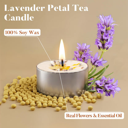 48 Pack Lavender Scented Tealight Candles with Real Petals, Natural Soy Wax 6H Burn Time, Non-Toxic Smokeless Scented for Bath, Wedding, Decor