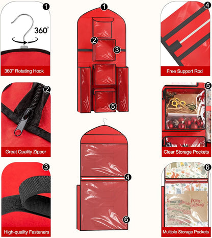 Woodoulogy Extra Large Gift Wrapping Paper Storage - 48x24 Red Double-Sided Christmas Organizer | Oxford Craft Roll Holder