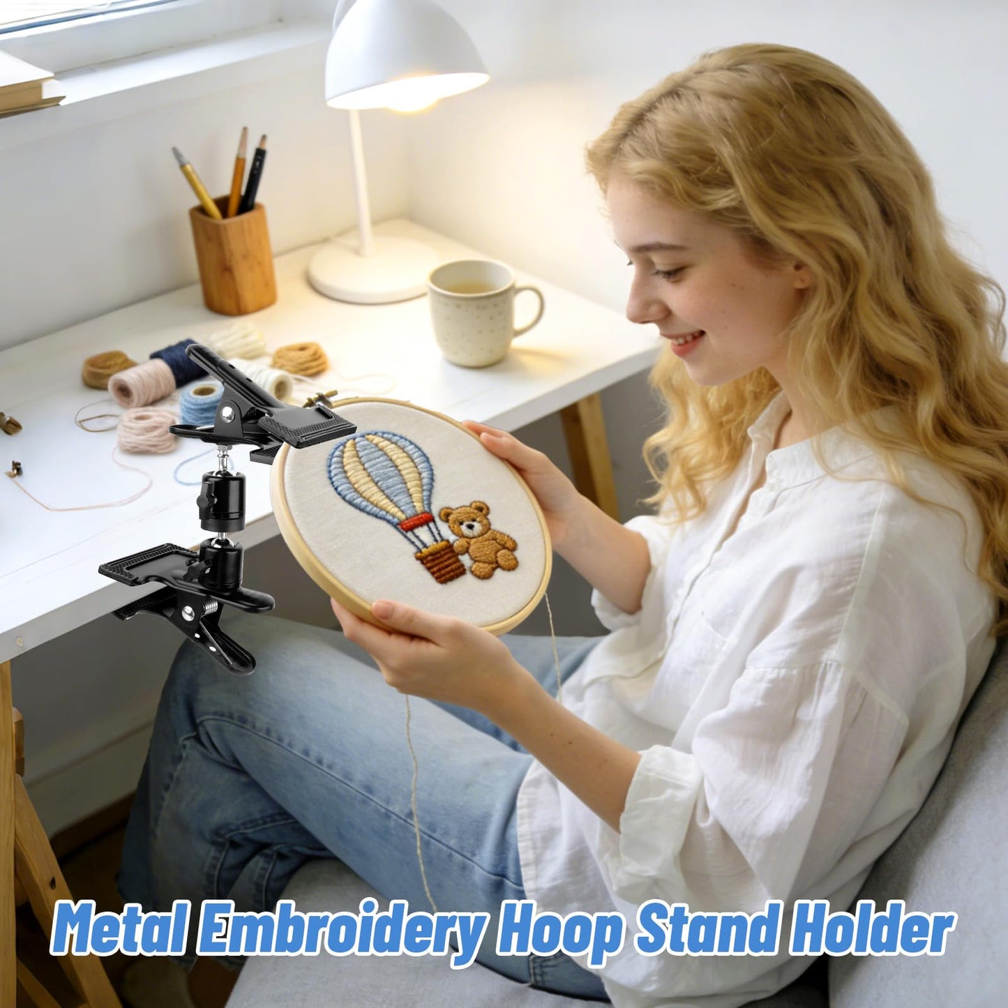 Boocalny Portable Metal Embroidery Hoop Stand Holder, 360° Rotated Adjustable Embroidery Table Stand Clamp Clip, Metal Cross Stitch Hoop Stand Tabletop Craft Clamp for DIY Needlework Needle Sewing