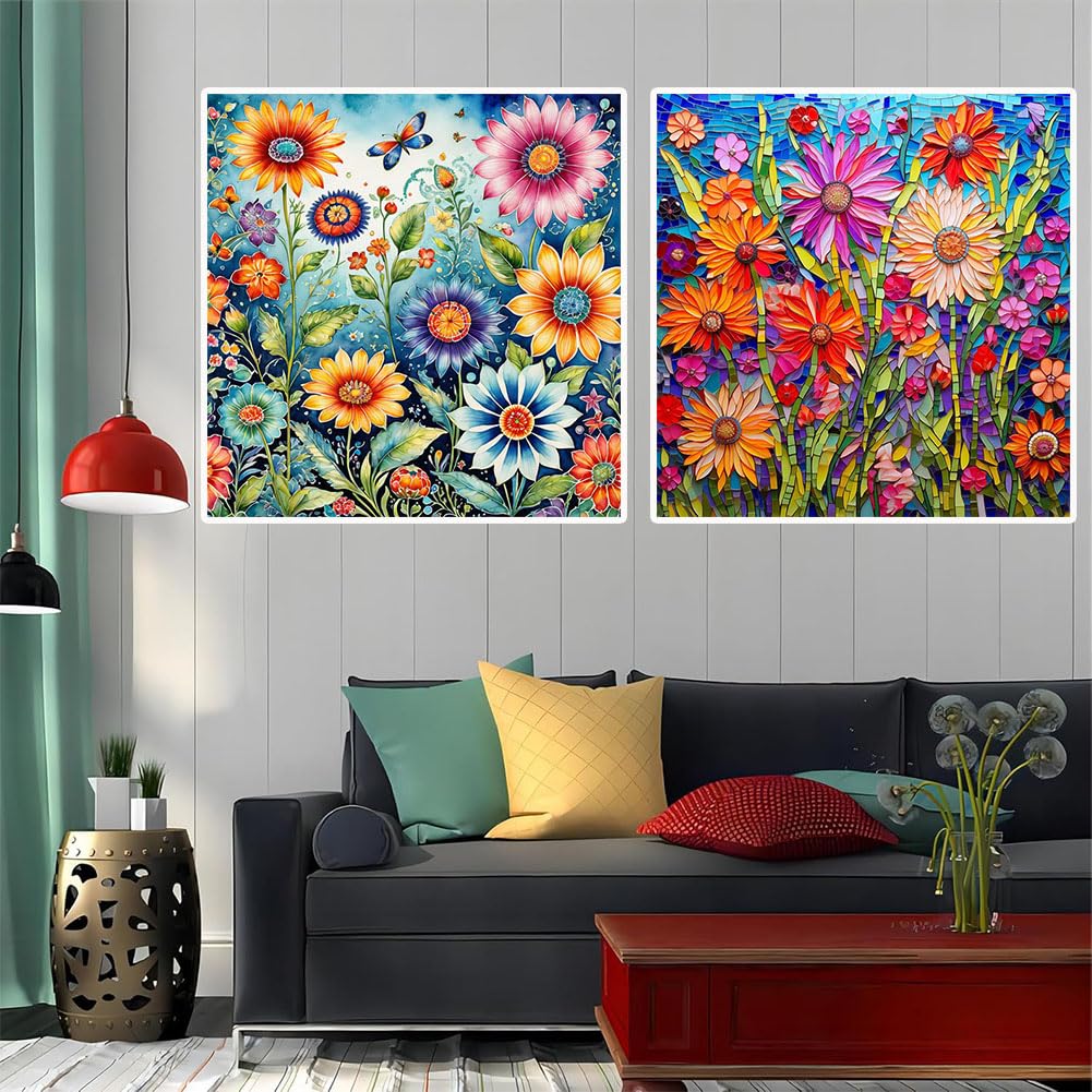 OFRKE 2-Piece Flowers Diamond Painting Kits for Adults, Round Full Drill 5D DIY Diamond Art Kits for Home Wall Decor 12"x16"