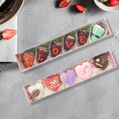 Romantic Baking 50 Pack Long Chocolate Covered Strawberry Macaron Truffle Cocoa Bomb Cookies Bakery Boxes (12x2x2 Inches)